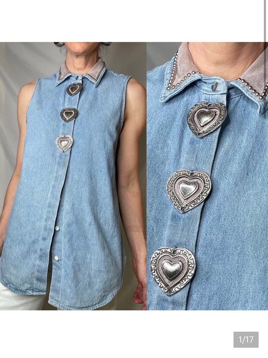 Cache Tops - Cache vintage 90s metal heart adorned studded denim top jean blouse sleeveless M